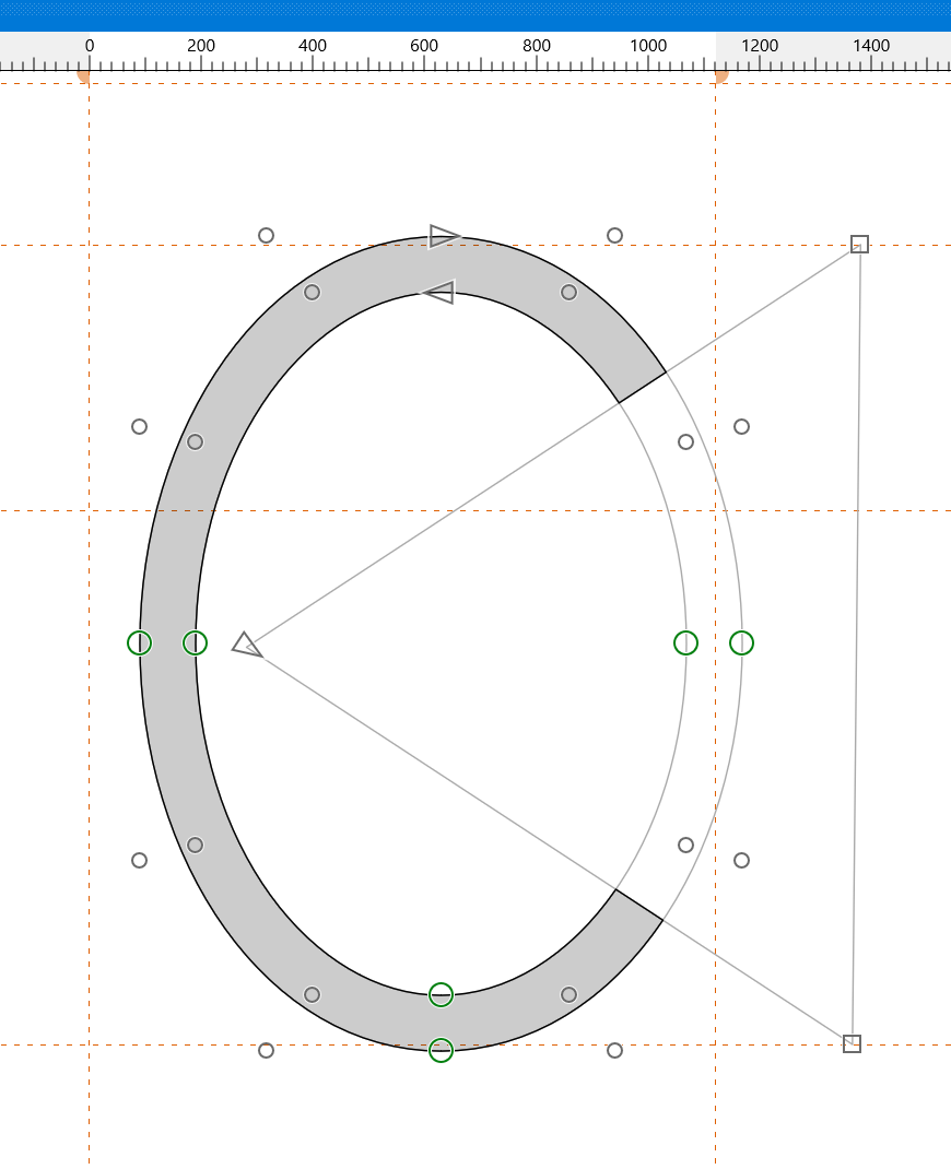 FontCreator 16 glyph editor: a contour marked as a mask subtracts from the surrounding outline, producing a hole in the glyph shape.