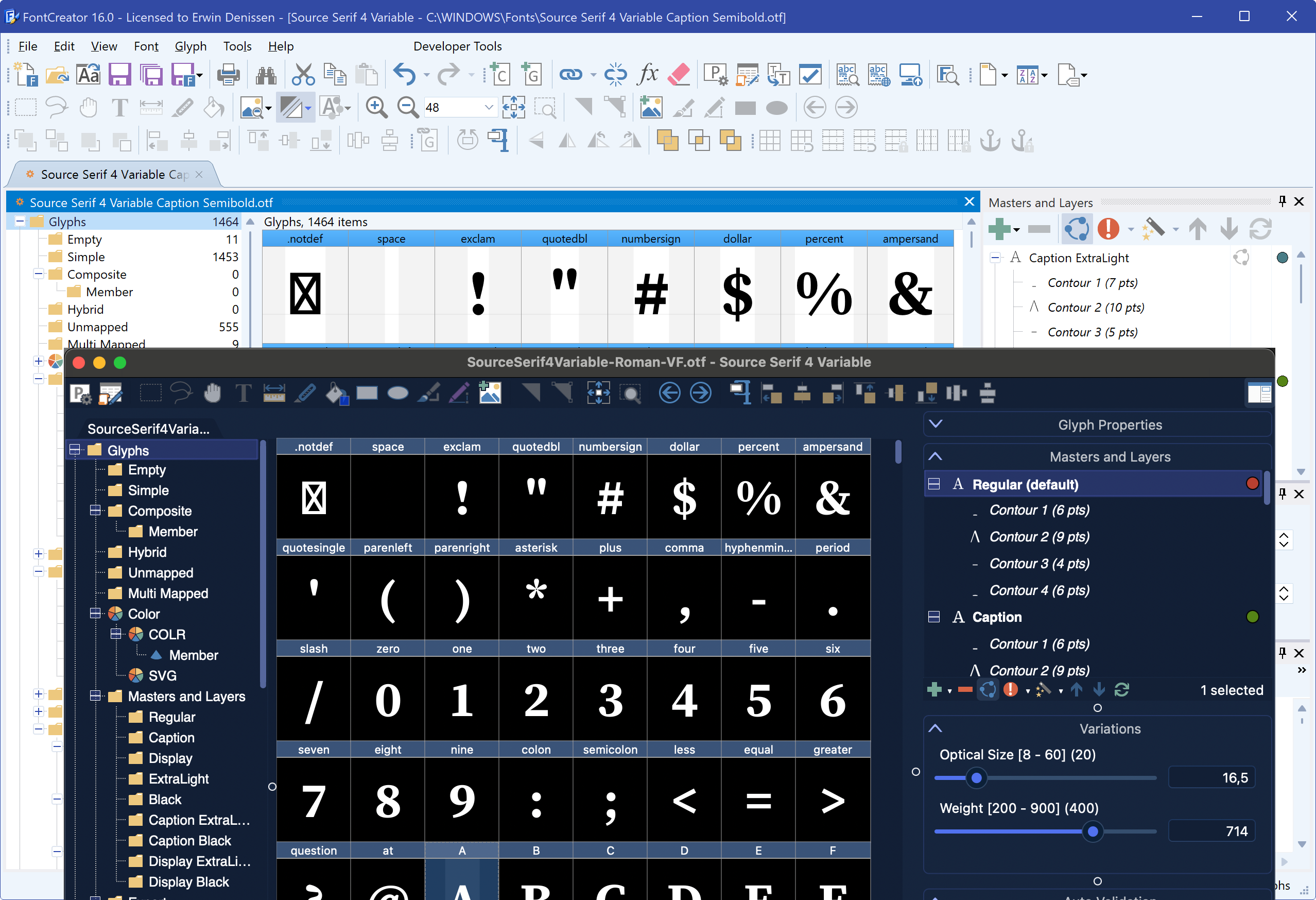 The FontCreator font editor open on a Windows PC and a Mac, displaying the same font project.