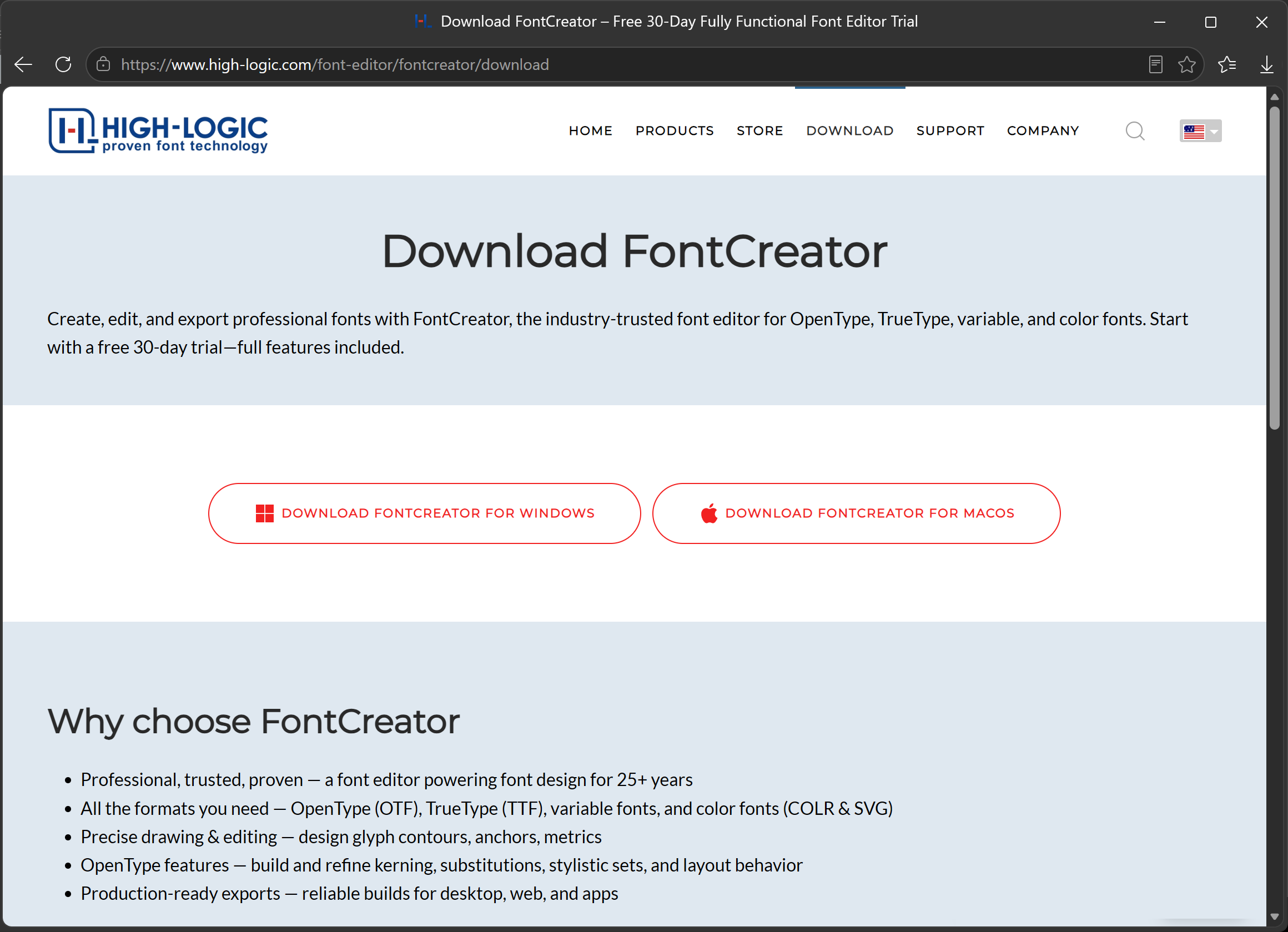 FontCreator download page with one button for Windows and one for macOS.