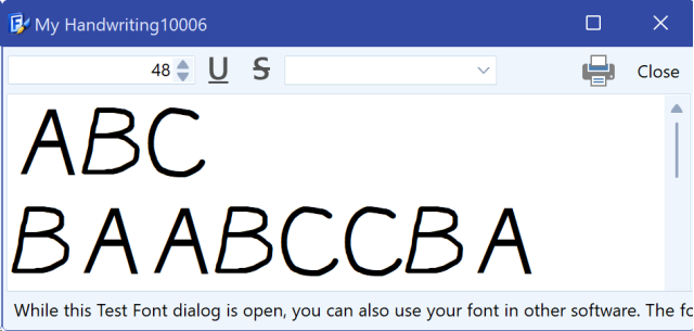The FontCreator Font Test window previewing typed text in the new font.