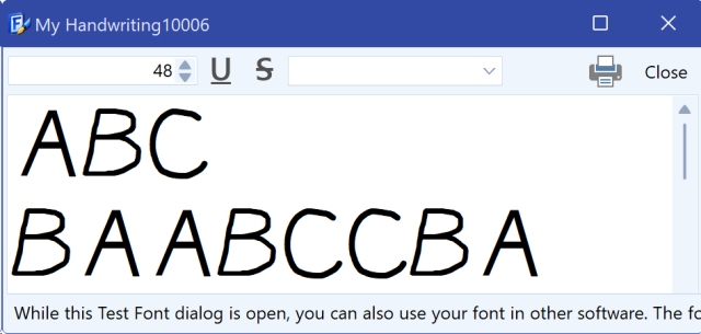The FontCreator Font Test window previewing typed text in the new font.