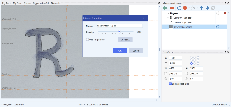 FontCreator Helper Layer Properties dialog with name field, opacity slider and color swatch for naming a helper layer.