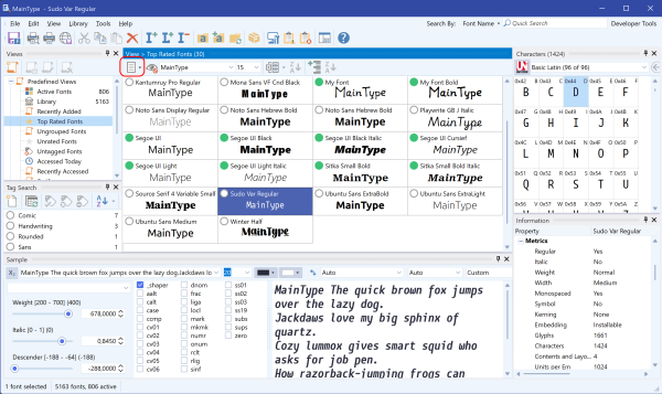 MainType interface overview &ndash; advanced font manager switched from details to grid view