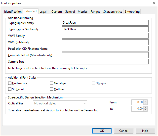 Font Properties Extended tab with the Typographic Family and Typographic Subfamily naming fields.