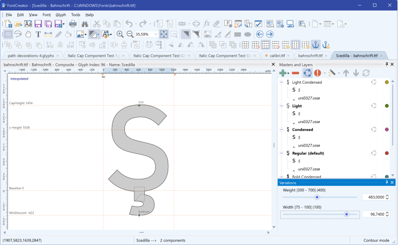 FontCreator Variations panel previewing weight interpolation between two masters.