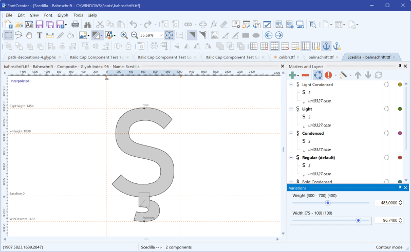 FontCreator Variations panel previewing weight interpolation between two masters.