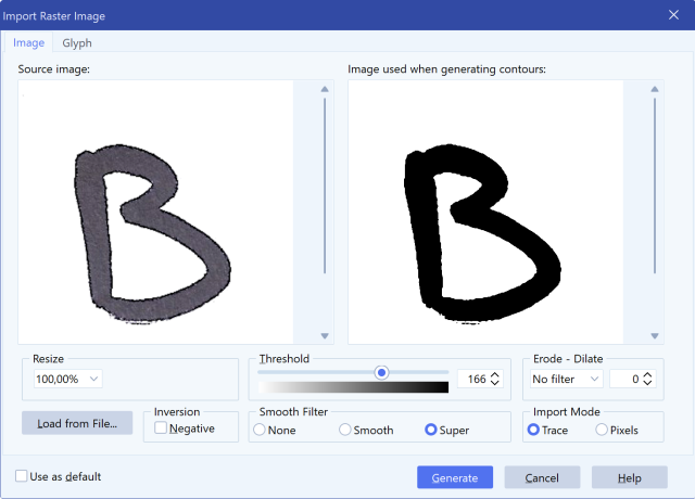 FontCreator's Import Raster Image dialog showing the Threshold, Import Mode, Smooth Filter, Erode - Dilate, Resize and Inversion options.