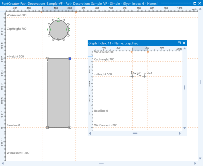 FontCreator glyph editor showing a stem terminal with its two adjacent nodes selected, ready for a Cap Decoration.