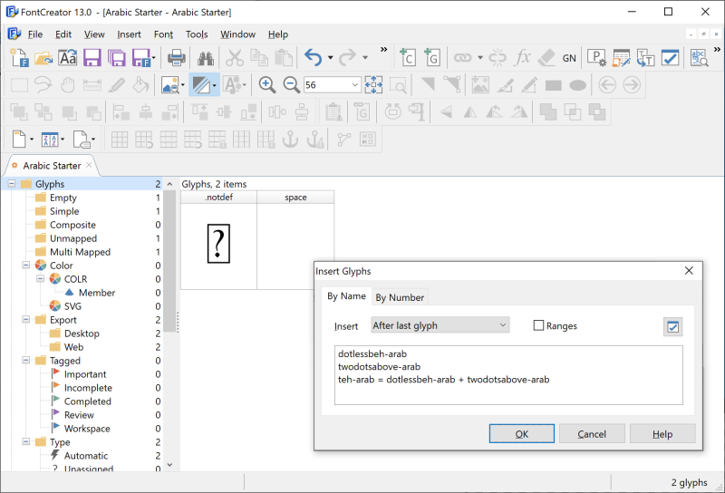 FontCreator Glyph Edit window showing the dotlessbeh-arab outline sketched with the Free Draw tool before conversion to contours.