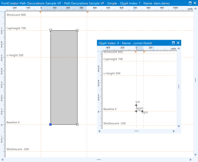 FontCreator glyph editor showing a square stem with one corner point selected and a small notch donor glyph inset.