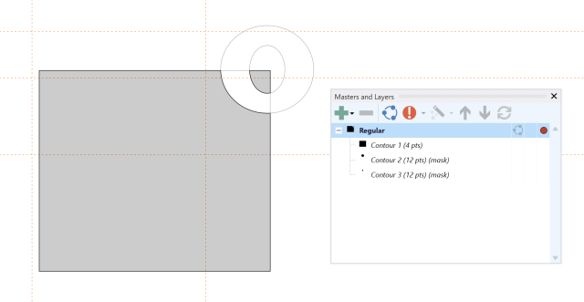 FontCreator element list with a filled shape followed by two adjacent mask contours, producing a single clean ring-shaped hole.