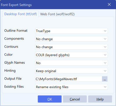 FontCreator Export Settings dialog showing outline format, components, contours, color, glyph names, hinting and output controls.
