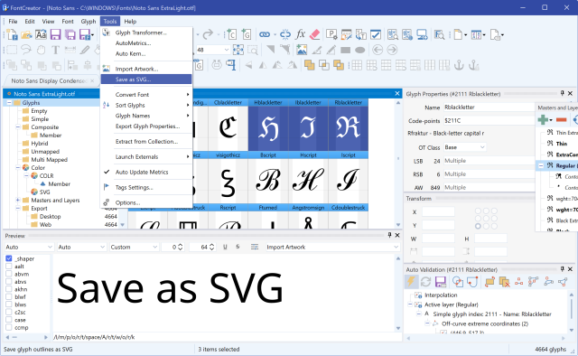 The FontCreator Tools menu showing the Save as SVG command used to export a glyph outline.