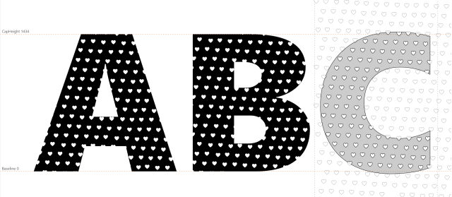One reusable cutter component flagged as a mask, reused across several different glyphs in FontCreator.