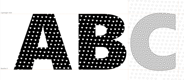 One reusable cutter component flagged as a mask, reused across several different glyphs in FontCreator.