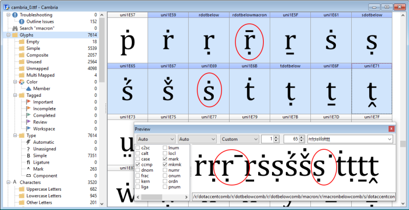 FontCreator preview window rendering diacritic test characters with OpenType positioning features turned on.