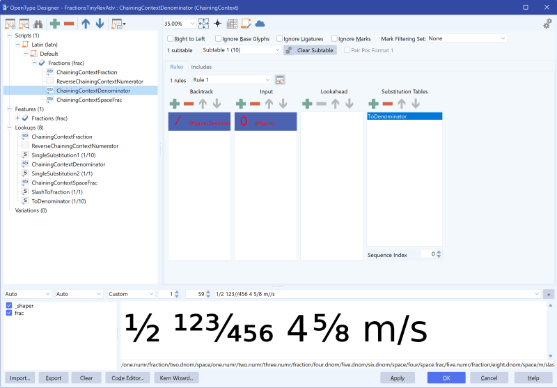 FontCreator OpenType Designer Code Editor showing the frac feature, with a preview of mixed fraction and unit text rendered correctly.