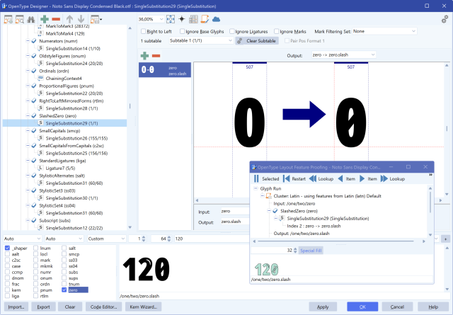 FontCreator displaying a proofing string with OpenType features active and the inspection panel showing substitutions.