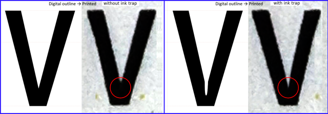 Before-and-after comparison of a V printed at a small size, with the untrapped joint clogged dark and the ink-trapped joint rendering crisp.