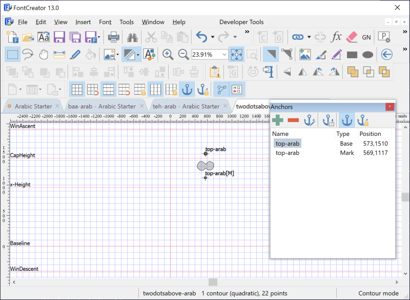 FontCreator OpenType Proofing window showing an Arabic word, the applied-lookup tree, and the lookup highlighted for a clicked glyph.