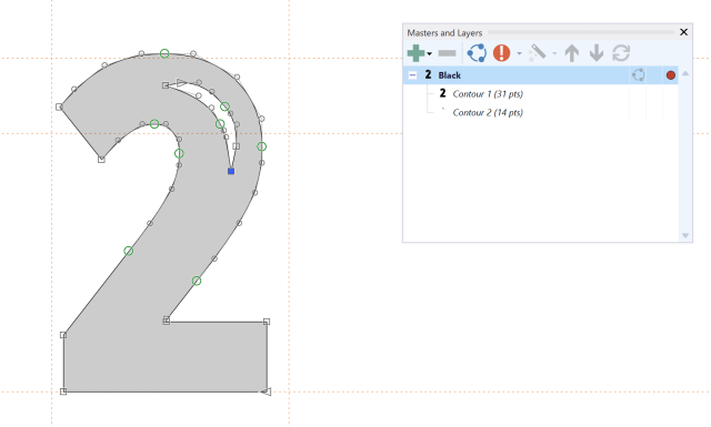 The FontCreator glyph editor showing a single glyph's outline being edited, with side panels intact.