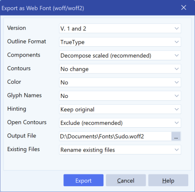 FontCreator export settings showing WOFF2 chosen as the webfont export format.
