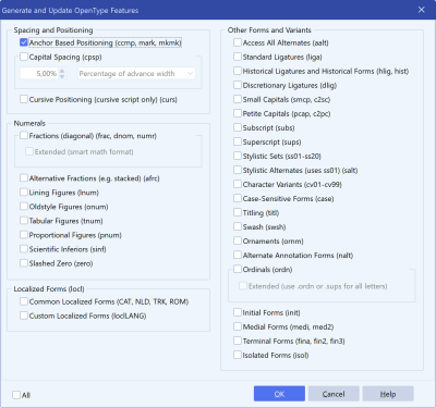 FontCreator OpenType Designer feature generation dialog with the Anchor Based Positioning option selected.