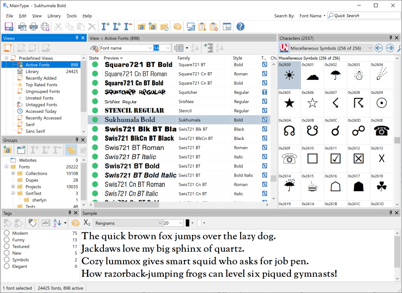 MainType interface overview &ndash; advanced font manager displaying font library, groups, preview panel and tagging tools
