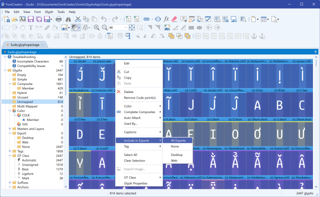 Unmapped glyphs selected in FontCreator with the Include in Exports context menu showing All Exports.