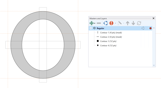 A stencil O shown twice in FontCreator — correct element order with visible bridge gaps, and wrong order where the gaps disappear.