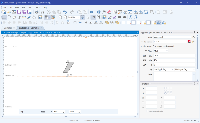 FontCreator glyph editor showing a combining acute mark drawn with zero advance width and a negative left side bearing.