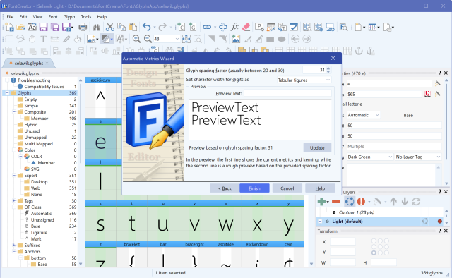 FontCreator Automatic Metrics wizard with Optical Metrics chosen and the glyph spacing factor input highlighted.