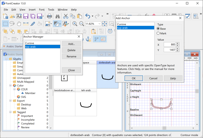 FontCreator OpenType Designer lookupflags panel with the Right to Left flag checked for an Arabic lookup.