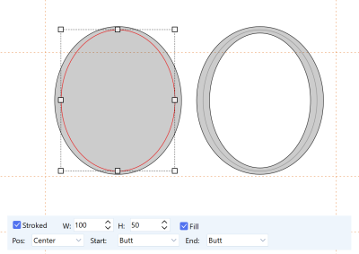 FontCreator stroke bar for the selected path showing the Stroked, W, H, Fill, Pos, Start and End controls over the live filled envelope preview.