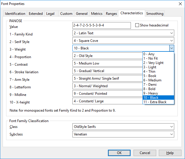 Font Properties Characteristics tab with PANOSE Weight and Proportion fields.