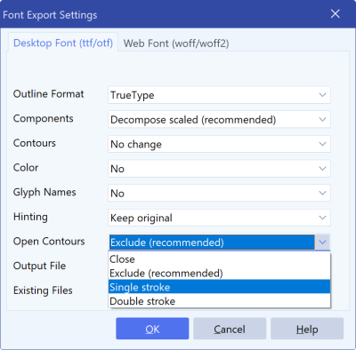 FontCreator Font Export Settings dialog with the Open Contours dropdown expanded showing the Close, Exclude, Single stroke and Double stroke options.