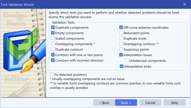 FontCreator Font Validation wizard tests page with validation checkboxes grouped into outline, component, point, and variable-font categories.
