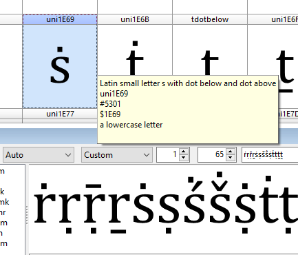 Adding a dotbelowcomb diacritic to a composite glyph through the right-click Add dialog with the name filter active.