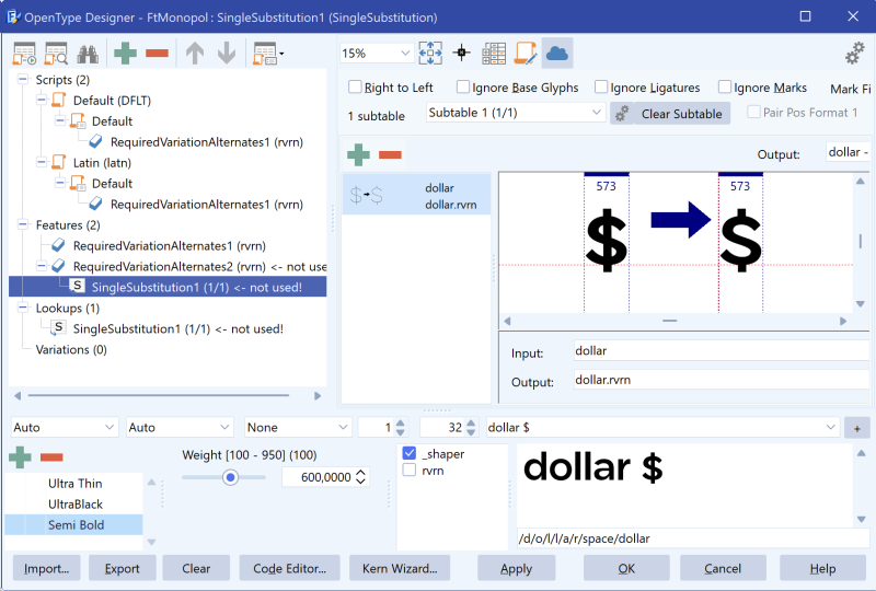 FontCreator OpenType Designer with two rvrn features set up for a feature variation.