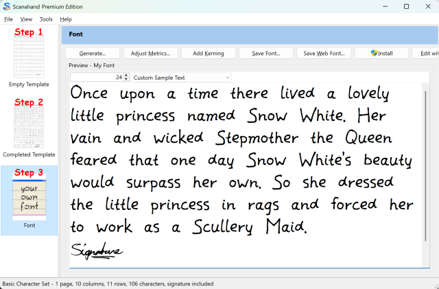 Scanahand preview text of the generated normal-weight font