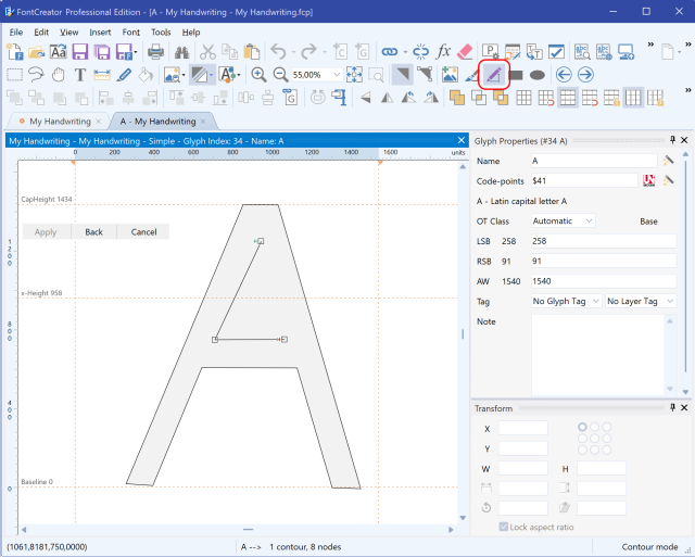 The FontCreator glyph editor drawing a contour for the letter A with the Insert Contour button highlighted.