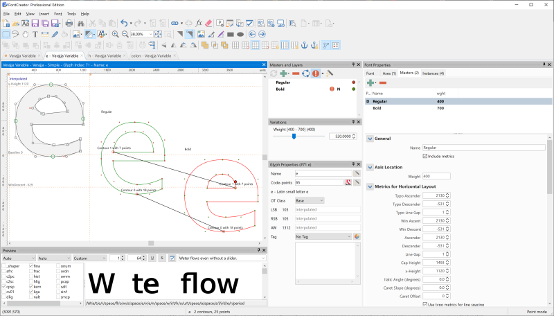 FontCreator showing compatibility-issue hints for a glyph that doesn't yet interpolate.