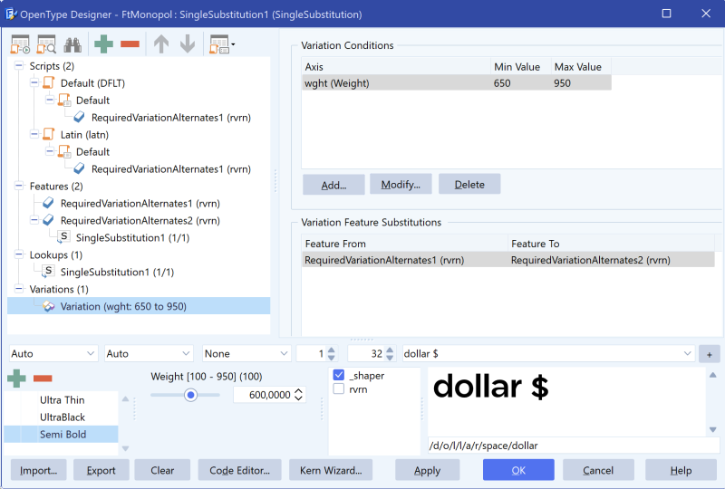 A variation condition in FontCreator mapping the weight axis 650–950 to an alternate rvrn feature.