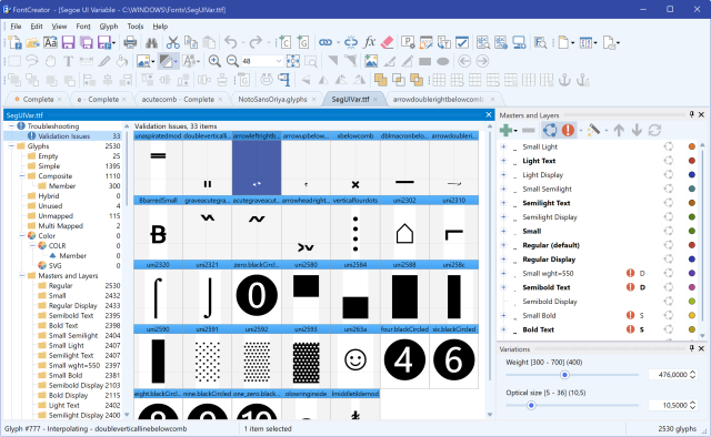 FontCreator Masters and Layers panel with a red compatibility icon and letter codes next to an incompatible master.