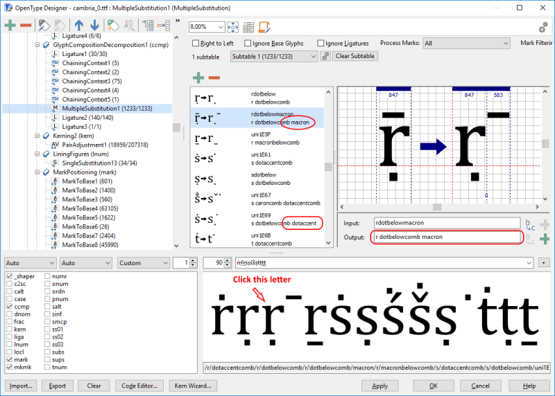 OpenType Designer with the ccmp feature jumped to a multiple-substitution lookup that produced the wrong output.