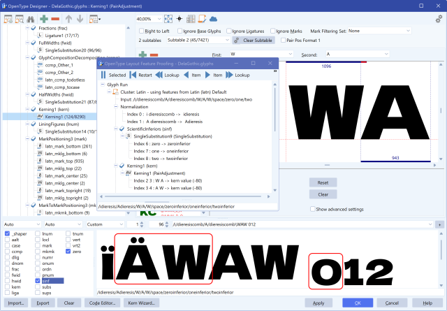 FontCreator OpenType Designer showing that the ÄW pair lacks kerning and the Scientific Inferior zero has no slash.