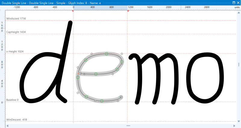 FontCreator Glyph Edit window showing a single-line capital A drawn as open contours, next to the Font Export Settings dialog with Open Contours set to Single stroke.
