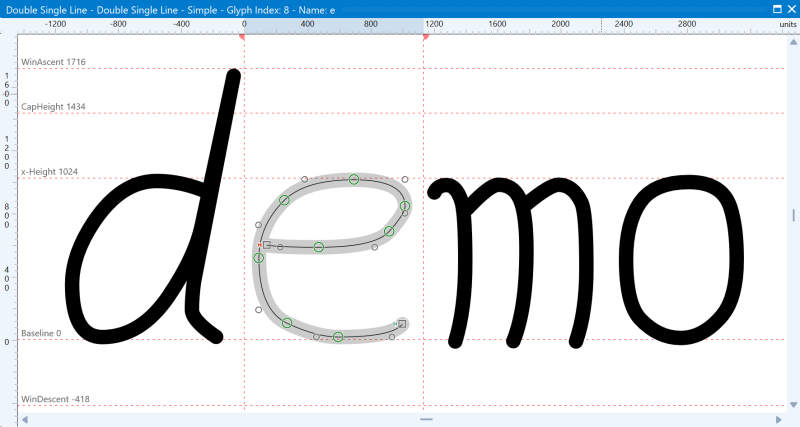 FontCreator Glyph Edit window showing a single-line capital A drawn as open contours, next to the Font Export Settings dialog with Open Contours set to Single stroke.