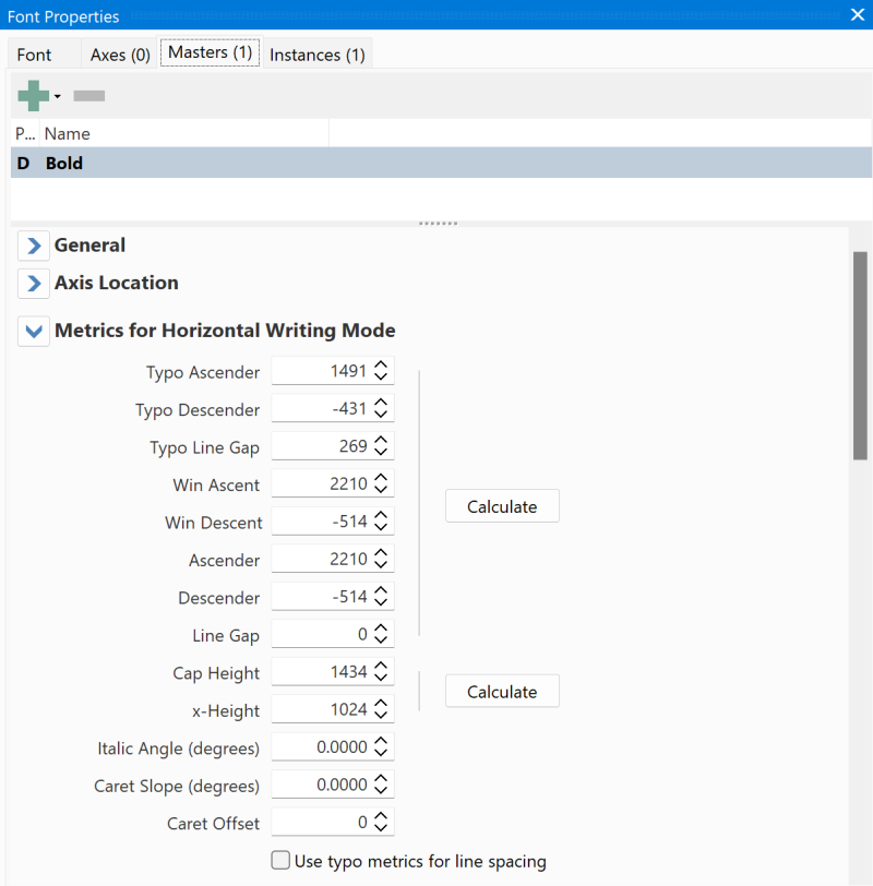 FontCreator metrics calculation, with the auto-calculate button and resulting vertical metric values.