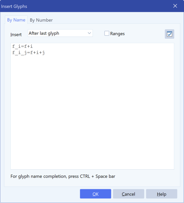 FontCreator Insert Glyphs dialog showing glyph names and an f_i_j=f+i+j composite formula in the By Name field.